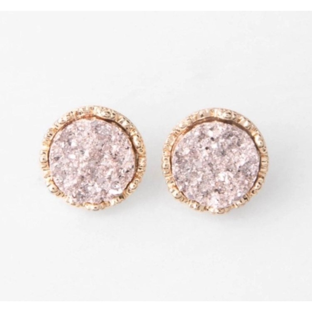 Plunder Design Pink Druzy Stud Earrings Gold Tone Scalloped Border Round Sparkly
